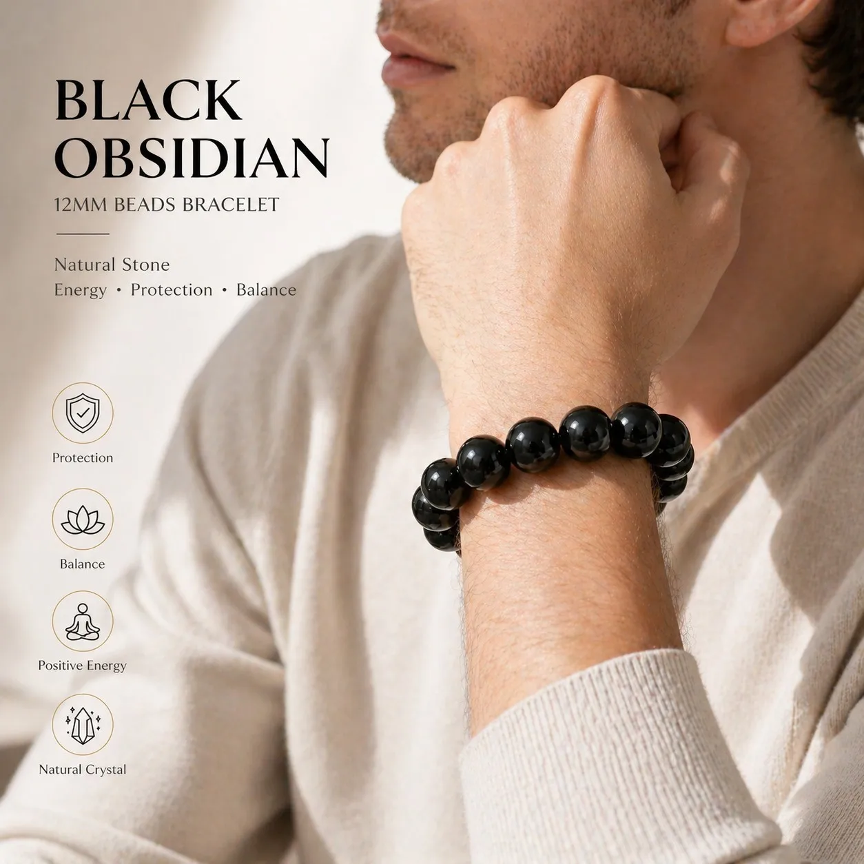Natural Black Obsidian Bracelet 12MM Beads Crystal Healing Energy Protection Bracelet Natural Stone Beaded Bracelet for Men Wome