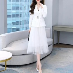 High Quality Spring Autumn Long-Sleeved Blazer Coats Mesh Pleated Mid Skirt Slim Commuter Casual Woman Skirt Suit 2 Pieces Sets