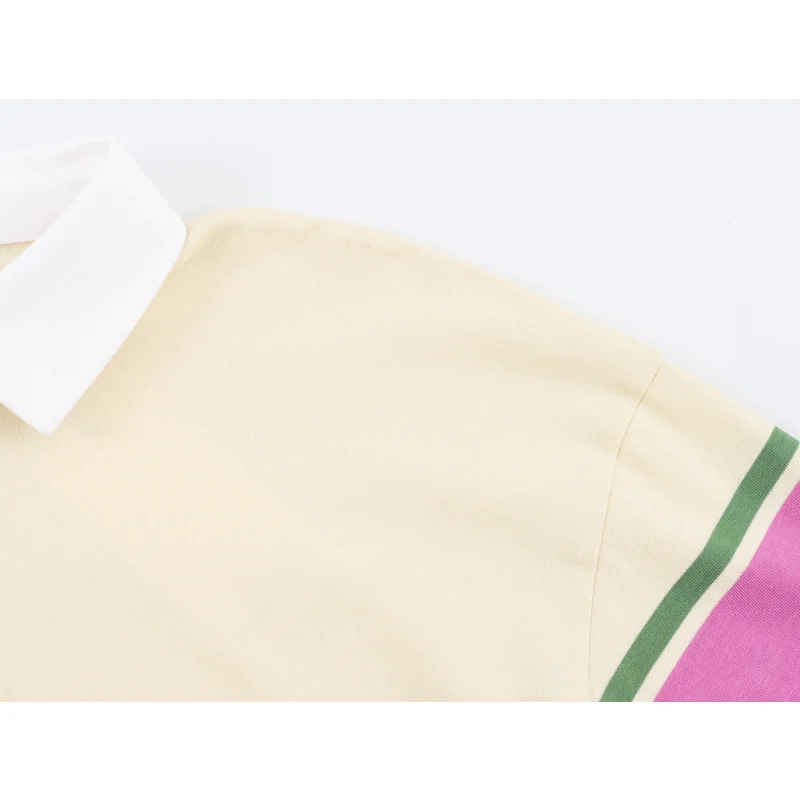 Damen Colorblock Gestreiftes Poloshirt Weiß Kontrastkragen Halbe Knopfleiste Langarm Locker Sitzend Lässiger Pullover T-Shirt Oberteil – Detail 11