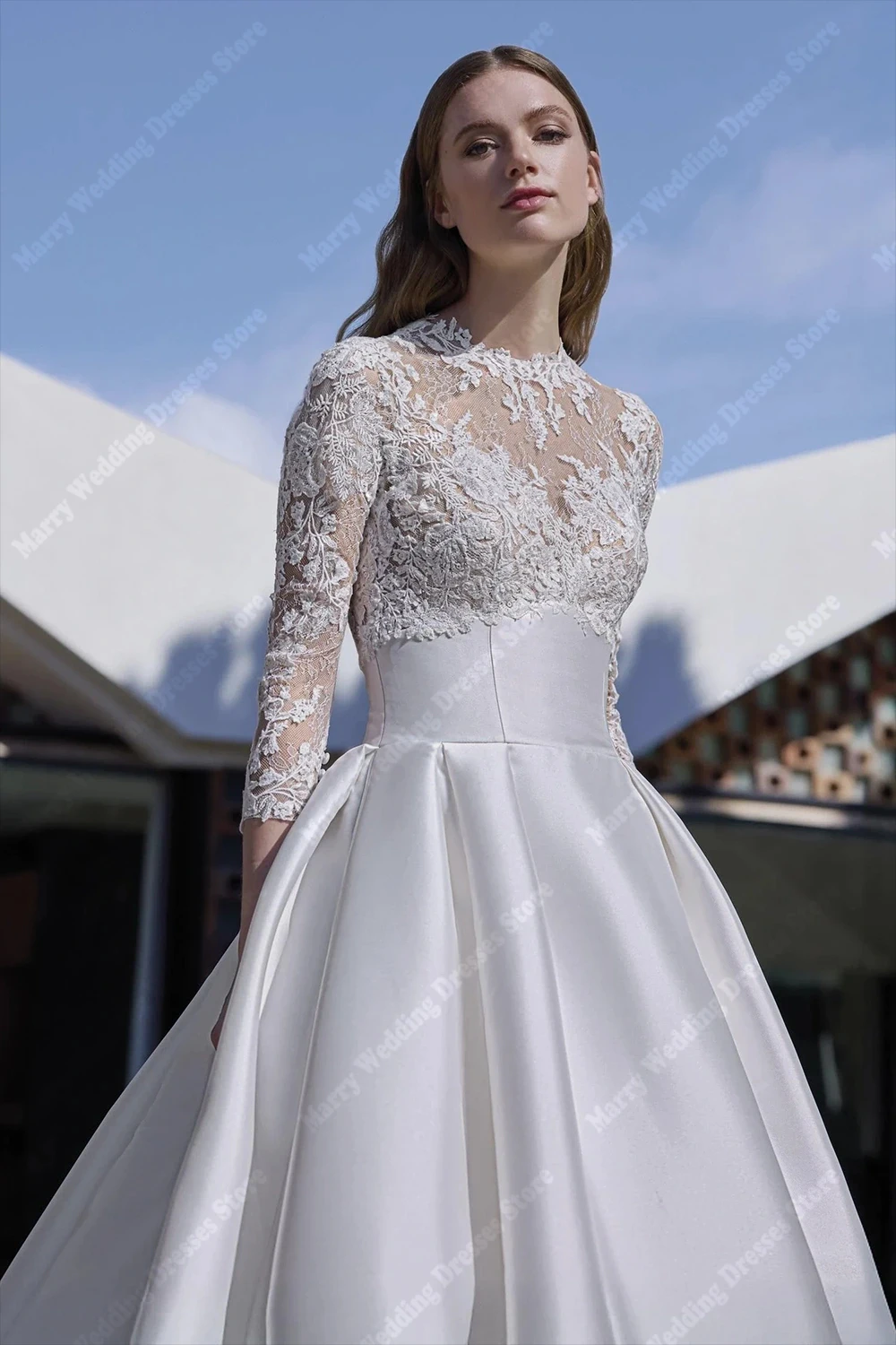 فساتين زفاف نسائية بياقة دائرية على شكل حرف a فستان زفاف ساحر بأكمام ثلاثة أرباع طول التطهير Vestido Para Mujer مخصص