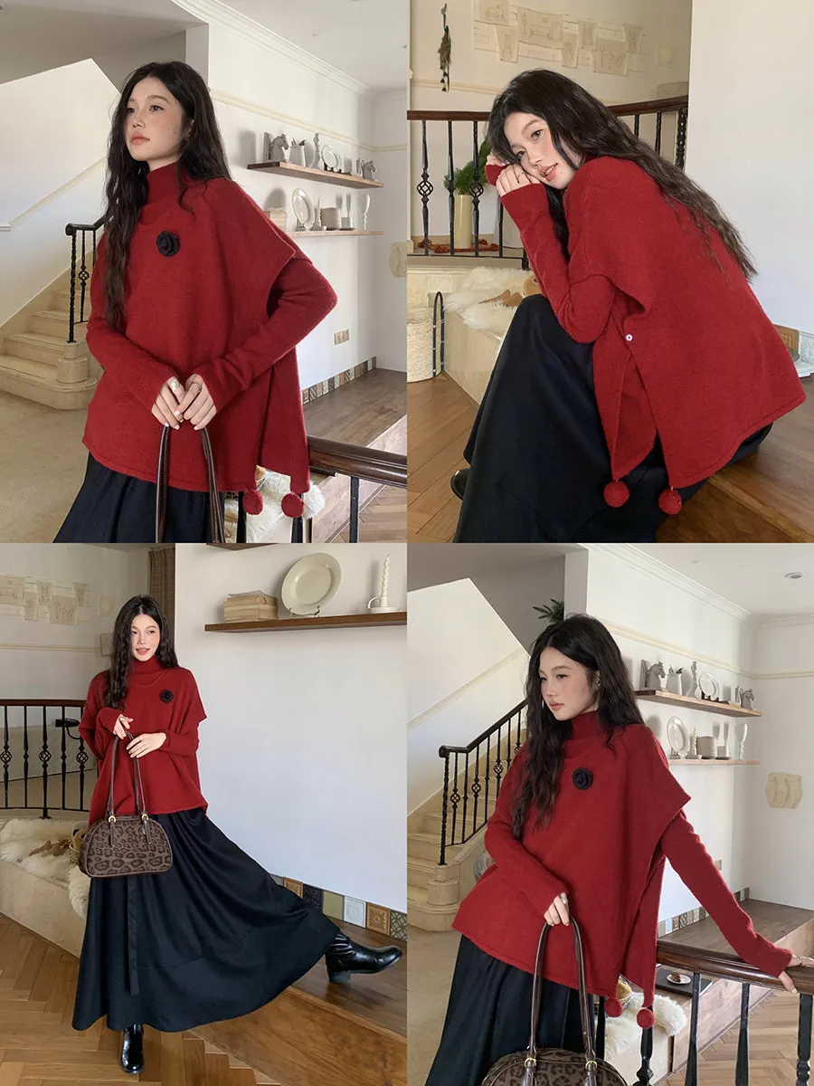 

Linyunyun Red High Collar Sweater Vest Cloak Two Piece Set Women's Ele Knitted Top Casual Loose Fit Long Sve Winter