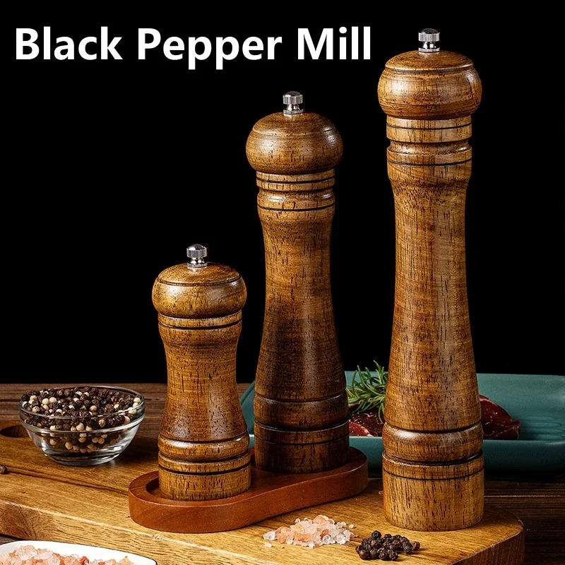 Classical Black Pepper Mill Oak Wood Manual Pepper Grinding Handheld Seasoning Bottle Creative Adjustable Grinder Pepper Mill