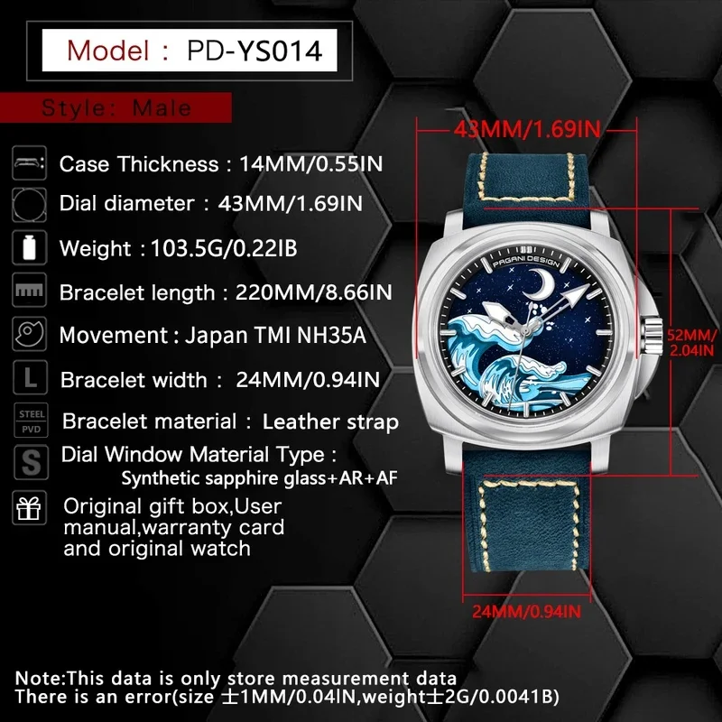 PD-YS014 PAGANI DESIGN Mens Mechanical Watch Japan NH35A Auto Movement 43MM Case Rose Gold Case Blue Leather Band Business Wrist