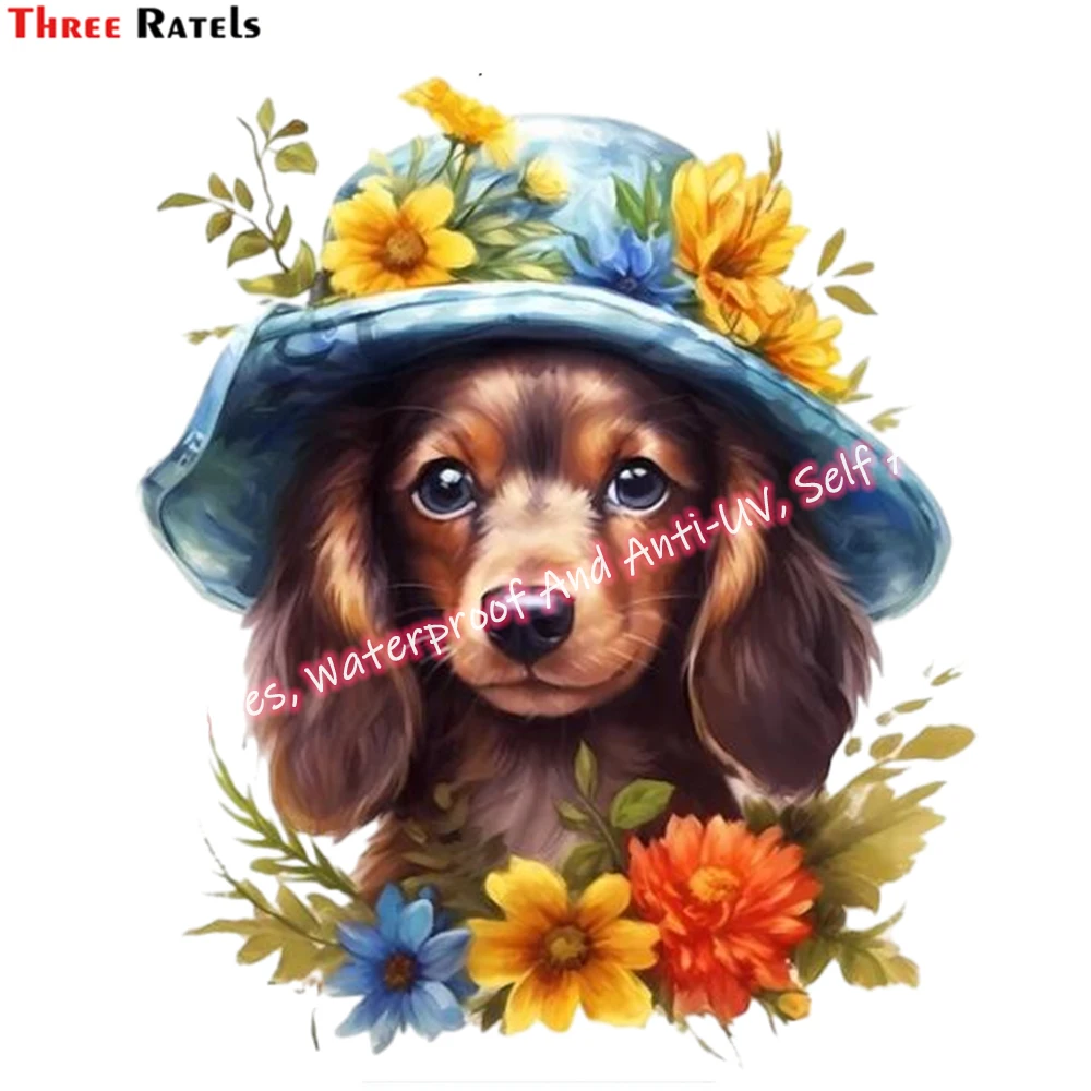 Three Ratels M52 Cute Floral Dachshund Puppy Dog Wall Stickers Home Decoration 3D Adhesive Wallpaper