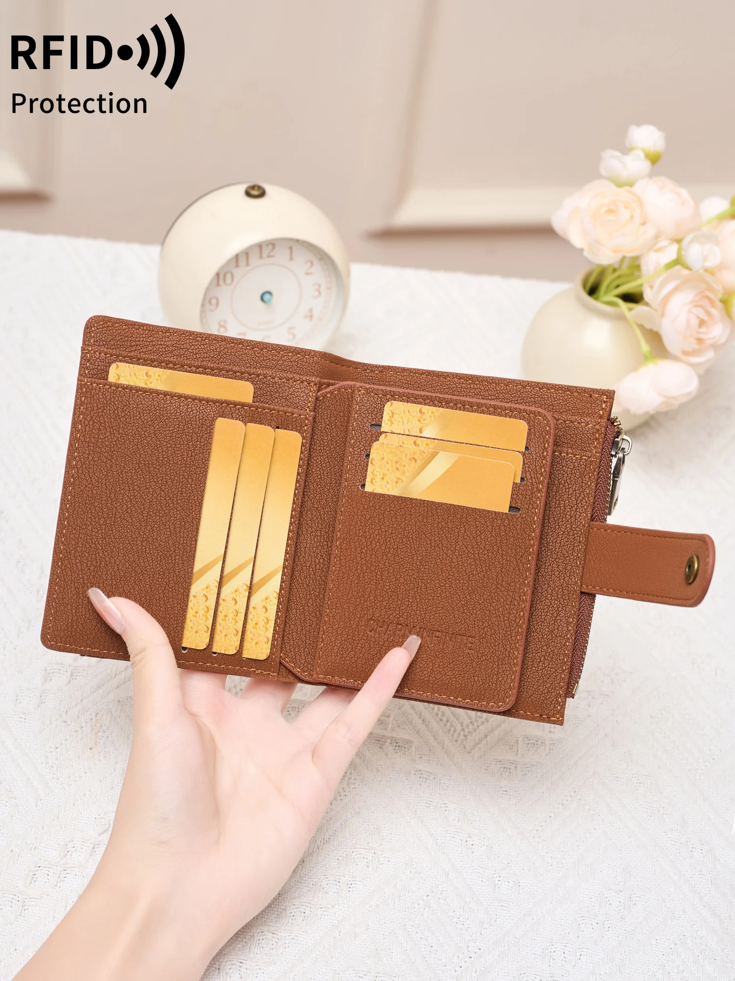 Women's RFID Shielded Compact Bifold Zipper Wallet High-Quality Leather Credit Card Holder Women's Coin Purse Clutch Bag with ID