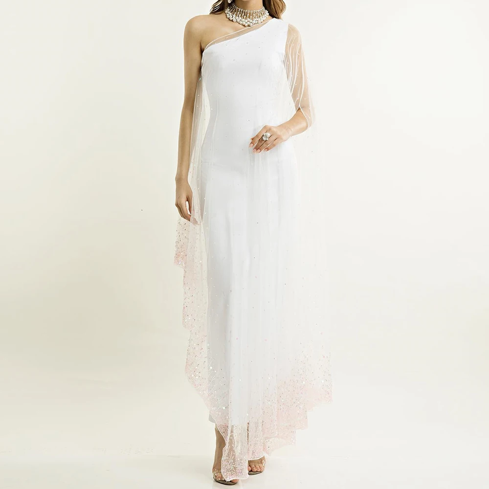 Customized Exquisite Sequined Tulle One Shoulder Evening Dress Delicate Straight Half Sleeves Floor Length Vestidos De Fiesta