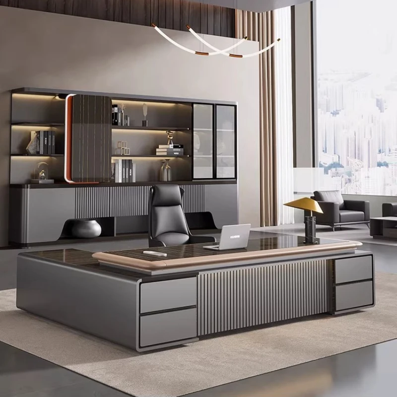 luxury Computer Office Desk Standing L Shaped Writing Boss Table Lift Up Table Gaming Sedentary Filing Cabinet Boss Furniture