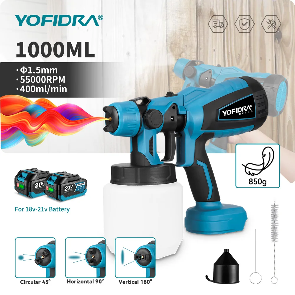 YOFIDRA Pistola a spruzzo elettrica 1000ML, spruzzatore di vernice senza fili HVLP, per rivestimento di mobili e acciaio, aerografo, utensili elettrici fai-da-te, compatibile con batteria Makita 21V