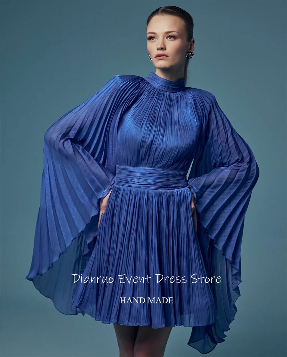 Dianruo فستان شيفون أزرق ملكي بأكمام طويلة للحفلات الراقصة فساتين سهرة صغيرة على شكل حرف A مطوي برقبة عالية فساتين المشاهير حسب الطلب