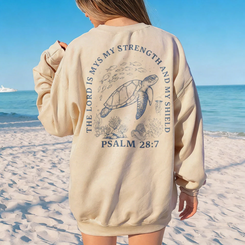 Christian Turtle Hoodie Bible Verse Back Print Beachy Sweatshirt Women Pullover Graphic Crew Neck Sweatshirt Creative Hoodie