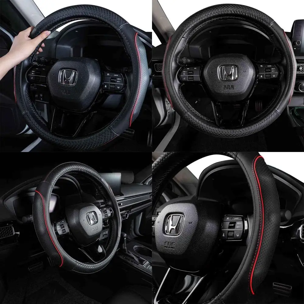 

Универсальный 15-дюймовый кожаный чехол на руль — натуральная кожа, дышащий, противоскользящий и без запаха (черный с красными линиями, M (14 дюймов)