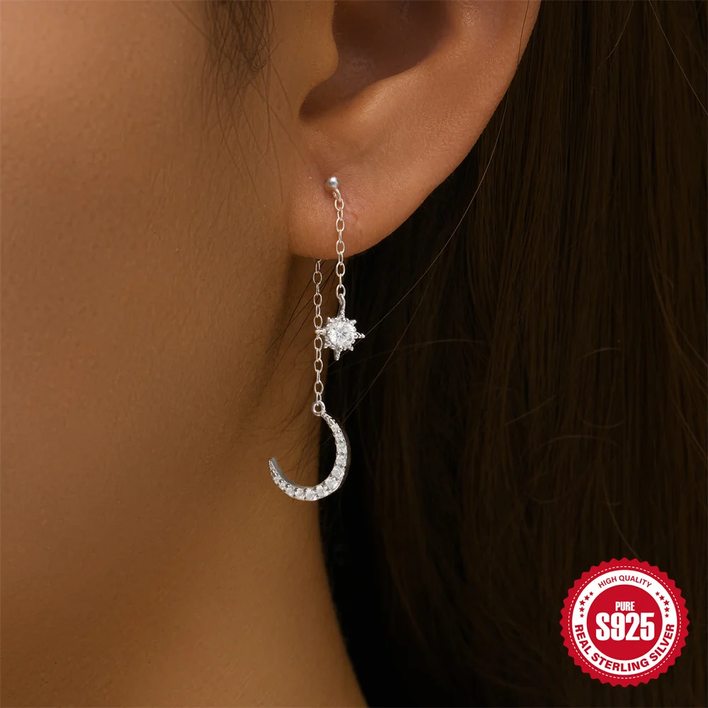 

Canner 925 Silver Moon Star Chain Tassel Drop Earrings For Women 18K Gold Plated Zircon Minimalist Earrings Fine Jewelry Gifts