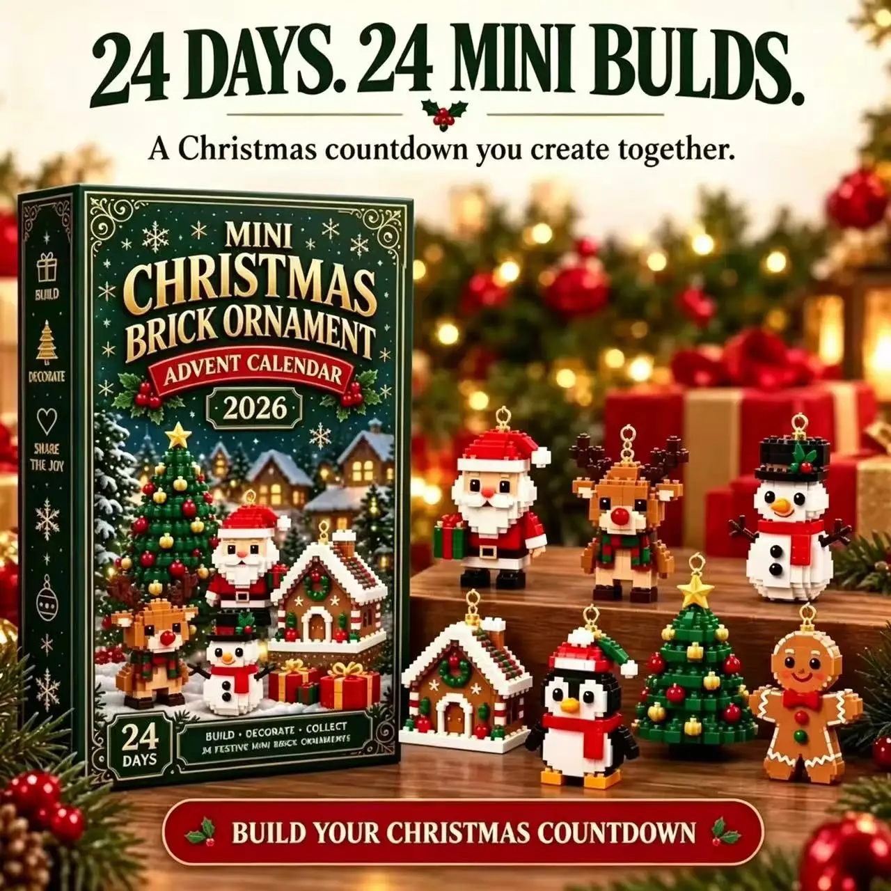 Christmas Advent Calendar 2026 3D Mini Brick Ornament 24 Days Countdown Building Blocks Kit Acrylic Tree Decor Gift