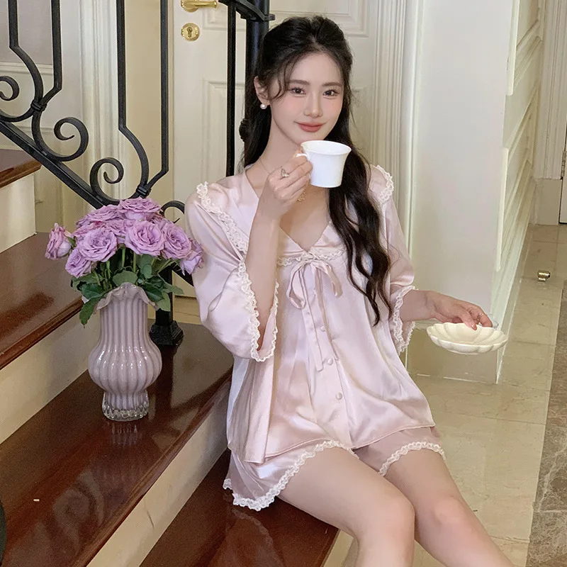 Summer Short Sleeves Ice Silk Sleepwear Sweet Pink Doll Collar Short Two-Pieces Pajamas Loose Design Cardigan Loungewear PYJS