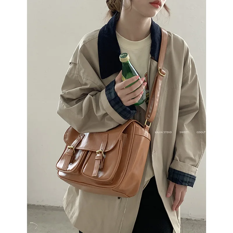 New Trend Street Shoulder Bag Youth Japanese Korean Vintage Leather Small Square Bag Casual Cross Straddle Bag Riding Shoulder