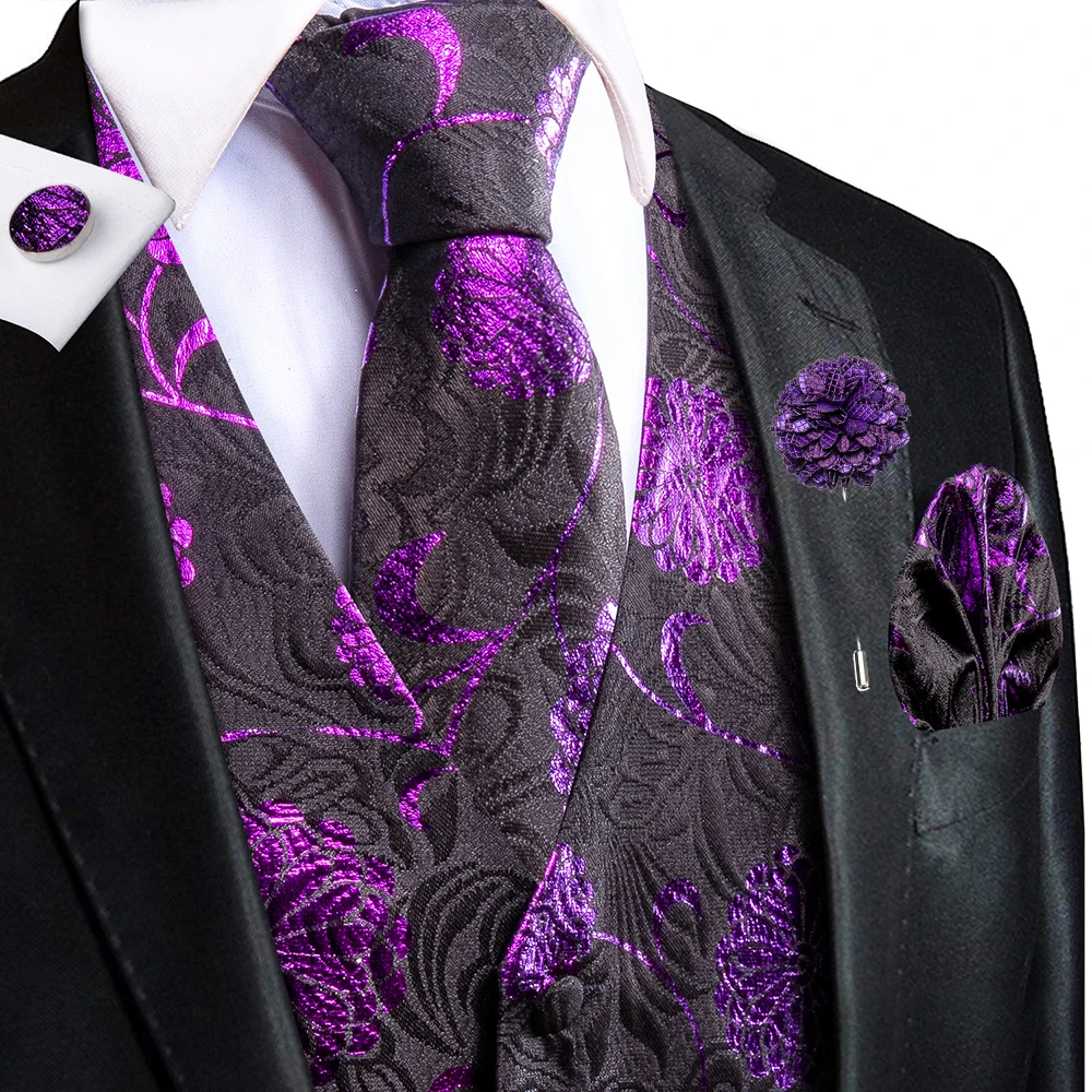 Designer Floral Mens Silk Vests Purple Black Jacquard Waistcoat Tie Hanky Cufflinks Brooch Wedding Formal Business Party Hi-Tie