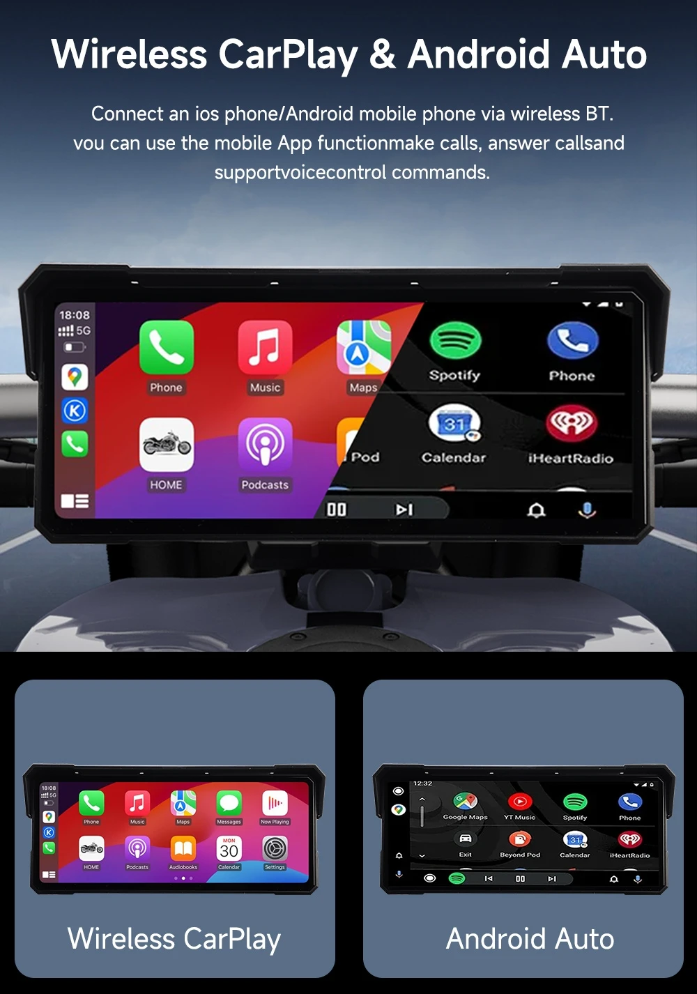 JIUYIN 8,1/7 Zoll Kabelloses CarPlay Moto Android Auto Tragbares IPX8 Motorrad-Armaturenbrett-Navigationsdisplay Bildschirmmonitor – Detail 4