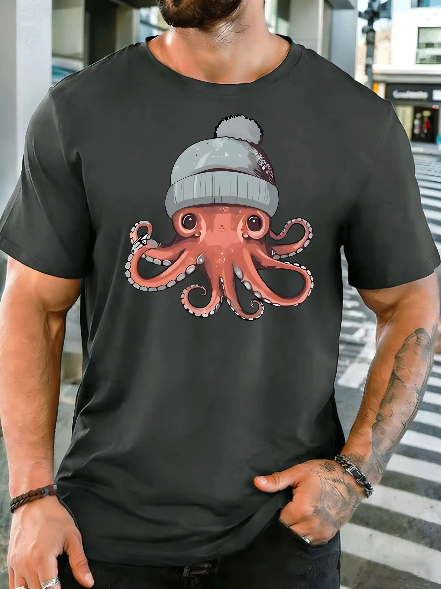 Cute Octopus Wearing Winter Beanie Hat Mens Front Print T Shirt Sea Creature Tee Casual Short Sleeve Top Ocean Lover Gift
