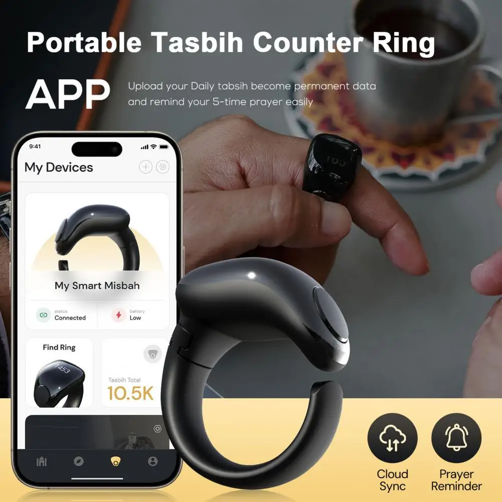 Waterproof 4 Digit Finger Counter Digital Finger Counter Ring with App Support for Prayer Reminder for Easy for On-the-go