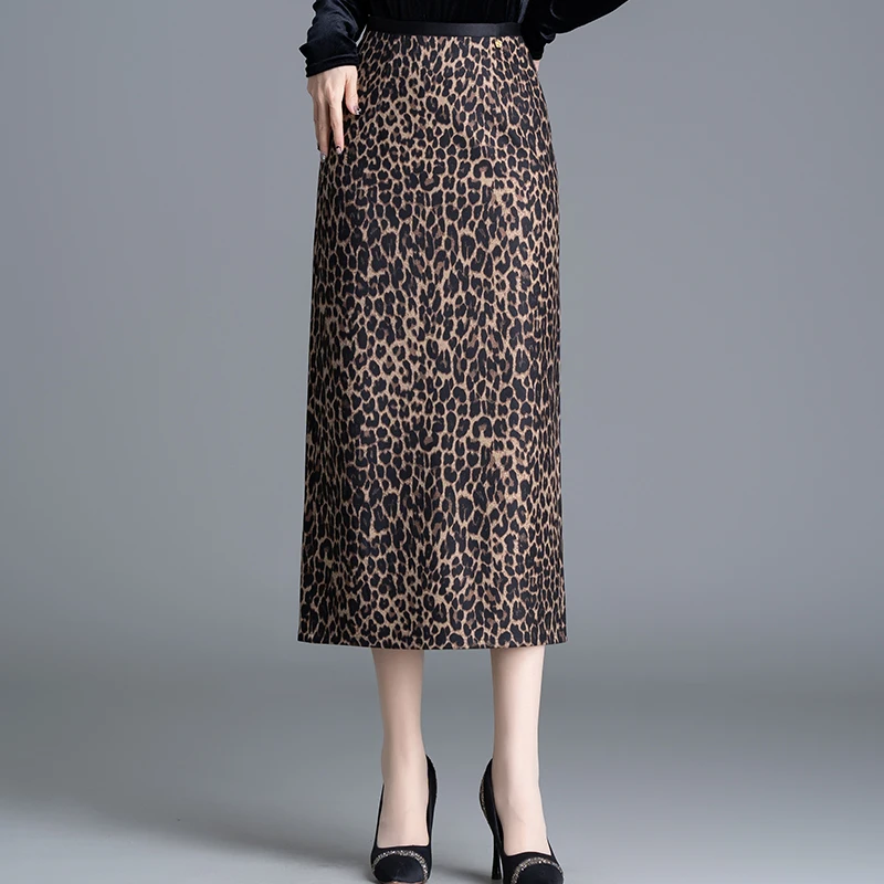 ZUZK Elegant Long Leopard Skirts For Women Autumn Winter Office Wear Slim Ladies Skirt Elastic Waist Maxi Leopard Print Skirts