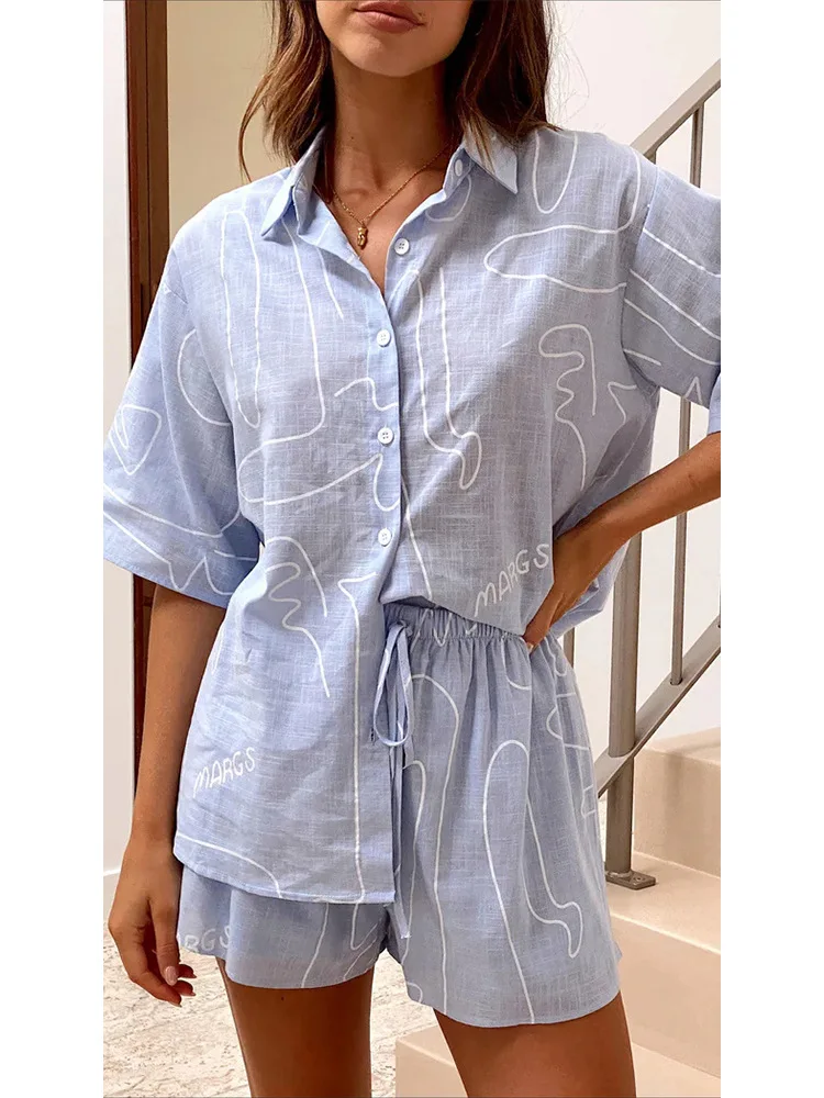 Women's Short Sleeve Shirt Shorts Set 2023 Summer New Casual Letter Abstract Line Print Two-Piece Set