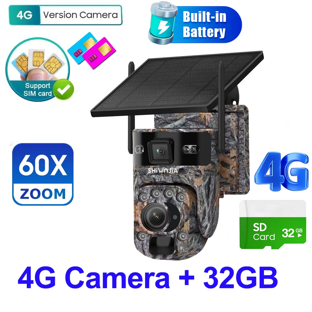 SHIWOJIA 6K 12MP 4G zonne-beveiligingscamera 60X ZOOM buiten 360 °   Bekijk Animal Monitoring Solar Battery Security Surveillan Video