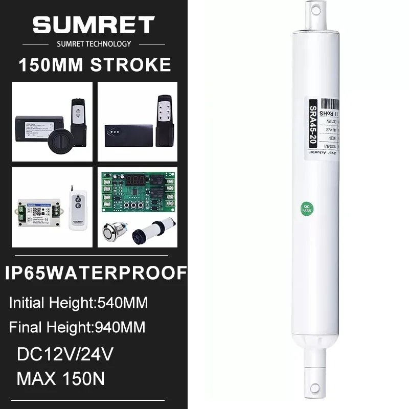 150mm Stroke Electric Linear Actuators Kit With RF Motor Controller 433hz Remote DC12V 24V 150N Reciprocate Straight Pen Type