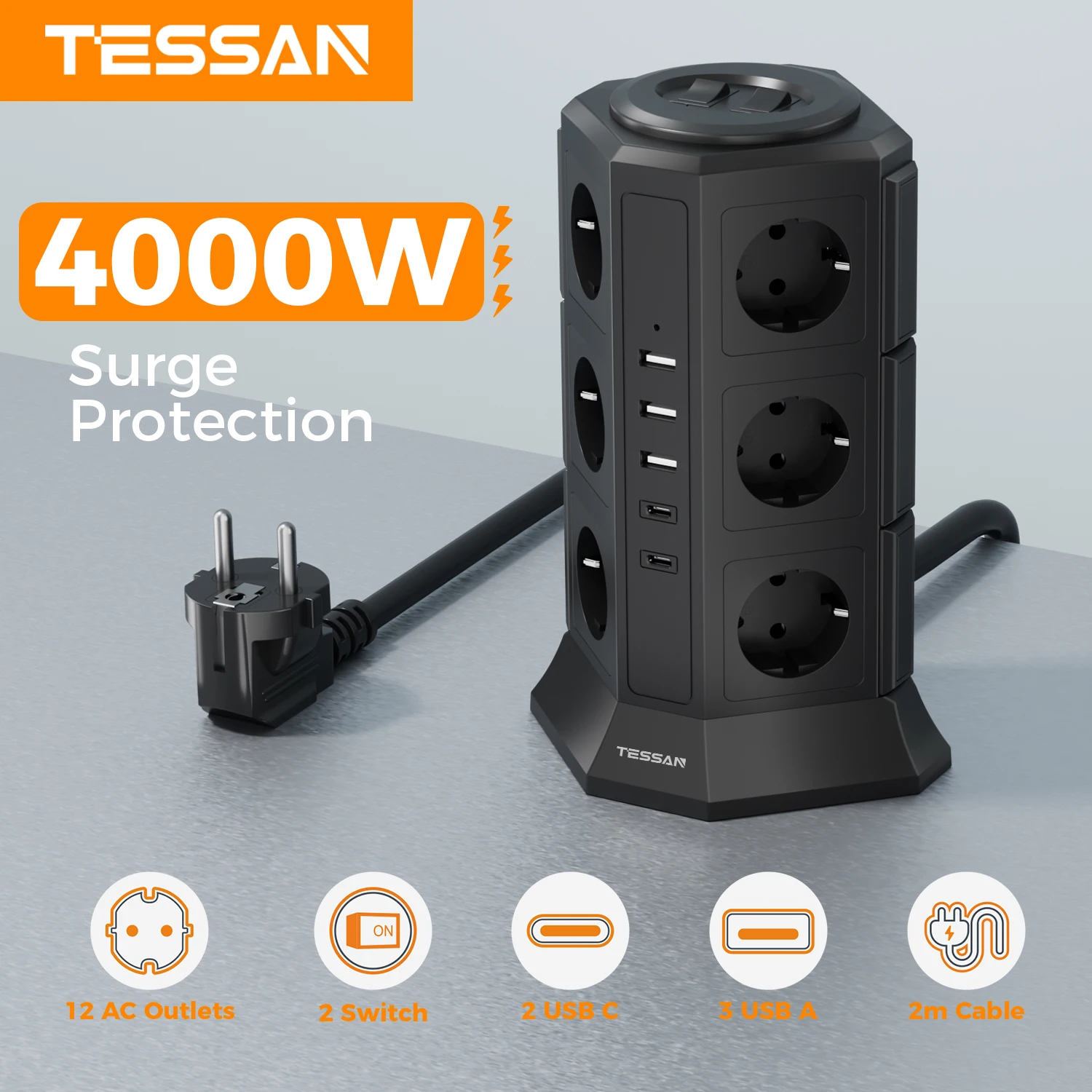 Multiprise TESSAN avec 3 ports USB et 2 ports Type C, prise EU verticale, câble d'extension de 2 m, protection contre les surtensions