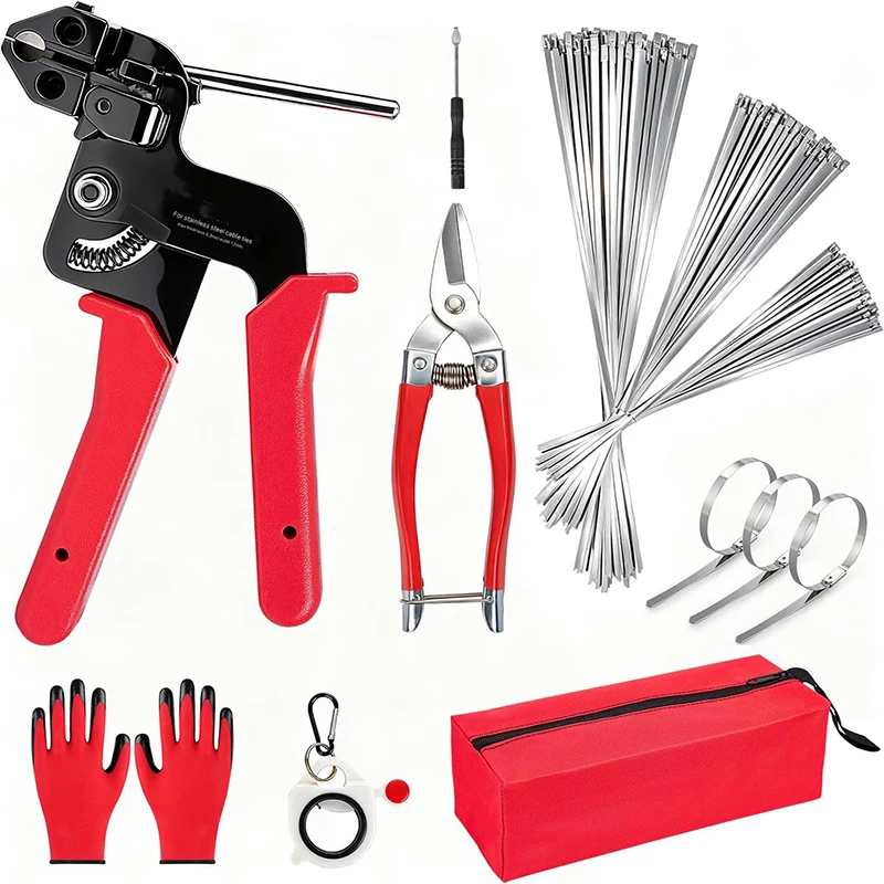Metal Zip Ties Gun Set Cable Fastening Cutting Tie Tool Kit with 304 Stainless Steel Zip Tie for Poultry Fence Exhaust Pipe Coop