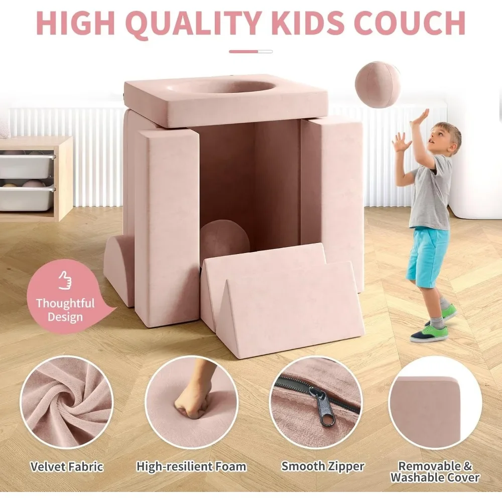 Kids Couch, 12PCS Fold Out Toddler Couch with 2 Balls and Tunnel, Modular Kids Couch for Playroom, Kids Play Couch