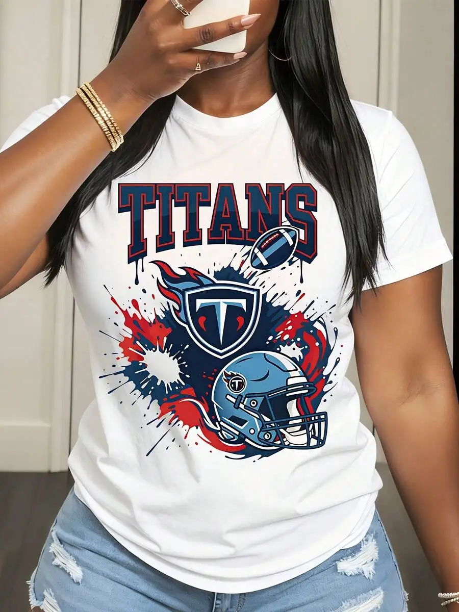 Football Season Fan Gear Women's T-Shirt Titans Team Logo Helmet And Football Graphic Print Casual Summer Wear Gift For Sports Fans