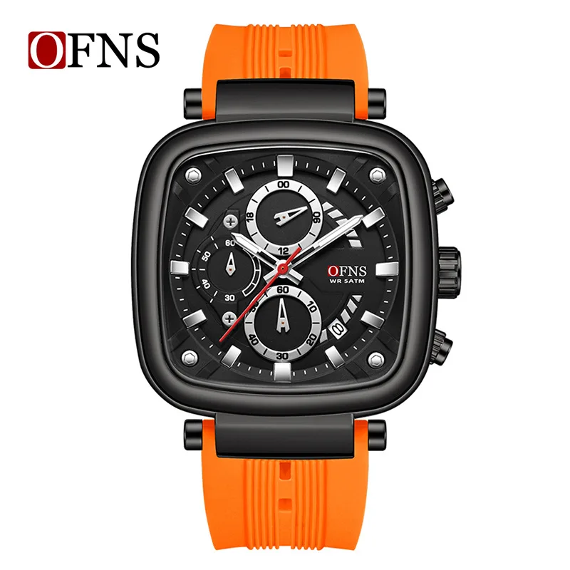

OFNS square waterproof sports quartz watch luminous silicone strap three-eye six-hand watch chronograph casual watch men