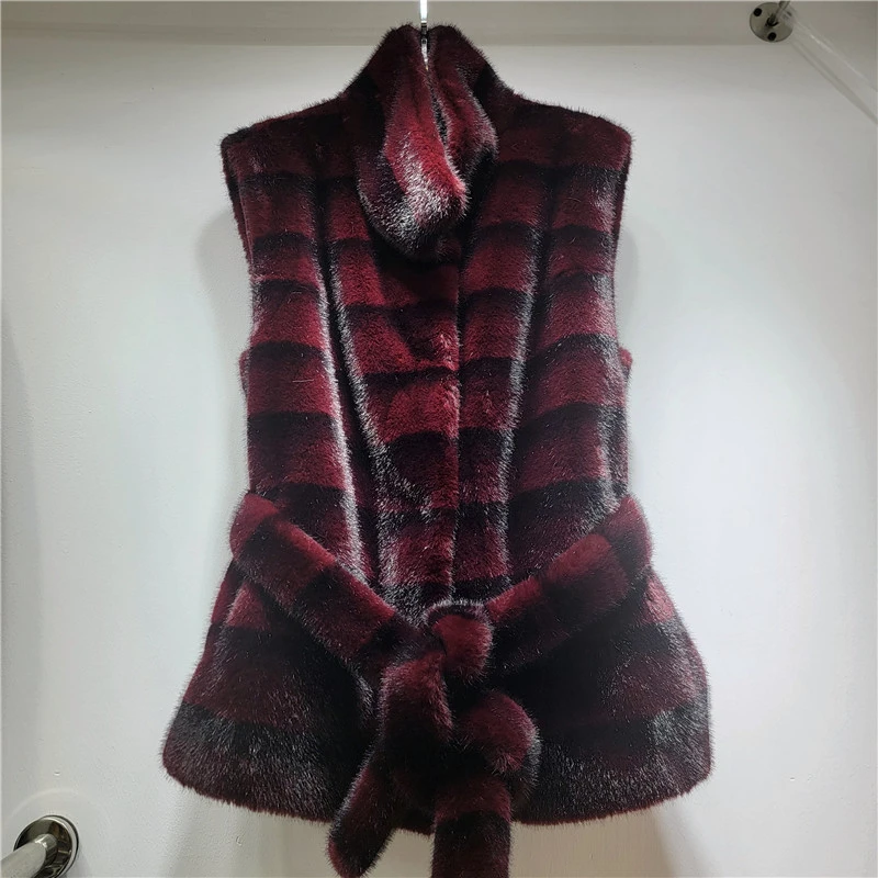 LIMO Women Striped Faux Fur Vest Belted Sleeveless Lapel Waistcoat