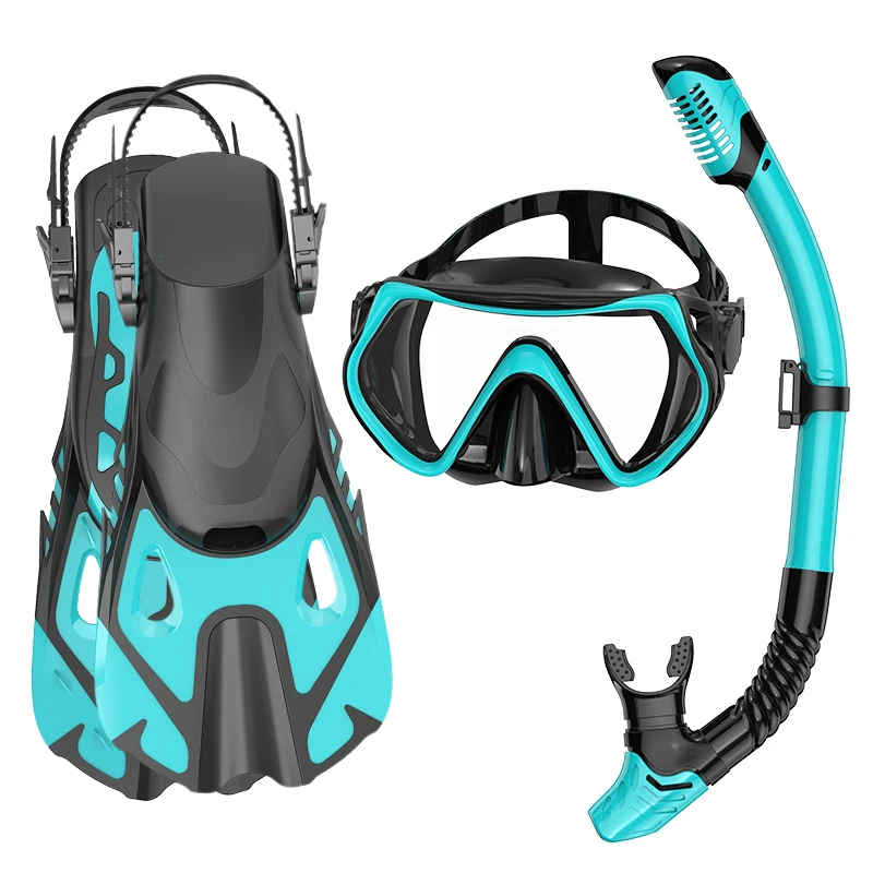 Adult diving three-piece full dry anti-fog mask and fin set with tempered glass lenses Silicone + PC + tempered glass + TPE