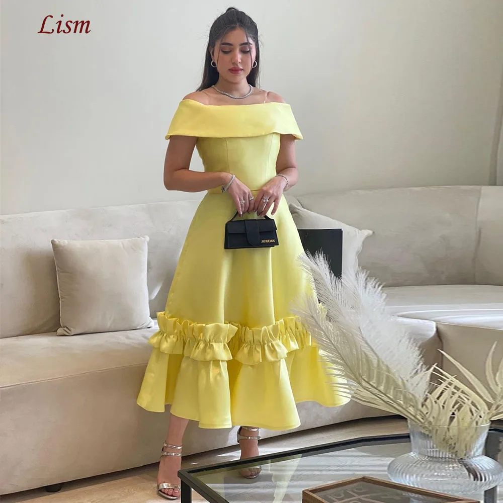 

LISM Boat Neck Formal Evening Dresses A-line Draped Ruffle Tea-Length Yellow Elegant Off the Shoulder Prom Party Gown