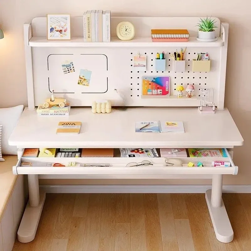 Premium Solid wood children's study table Hole board Lifting large white table Writing table