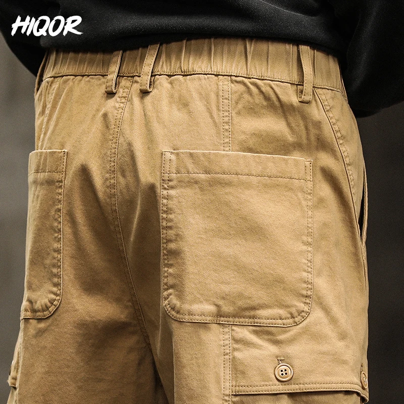 Hiqor-Calça Masculina Solta de Algodão Cargo com Bolso Grande, Macacão Masculino, Streetwear Casual Baggy, Esportes ao Ar Livre, Atletas, Roupas Masculinas