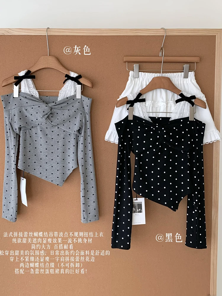 Fall Women Ballet Core Gyaru Design Polka Dot Crop Top Long Sleeve T-Shirts Y2k Coquette 2000s Aesthetic Shoujo Lace Bow Kpop