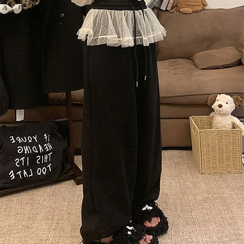 Female Clothing Fashion Lace Sweatpants Patchwork Autumn Winter Lace-Up Casual Pants Loose Wide Leg Basic Solid Color Trousers