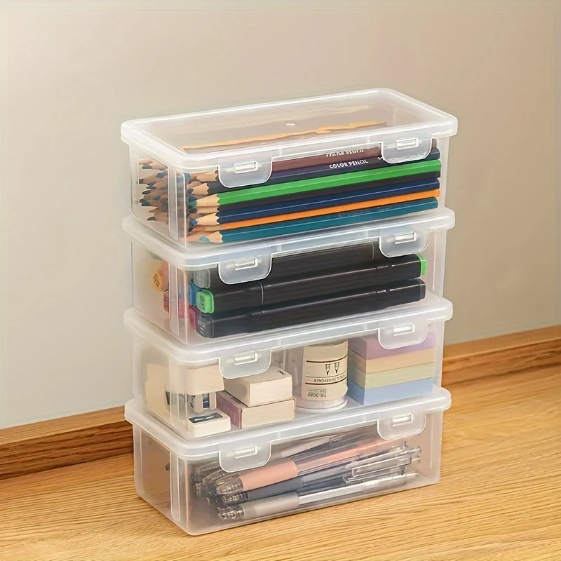 4-Pack Large Clear Plastic  Boxes With Hinged Lids - Perfect For Pens, Markers & Crafts - Ideal Back To School & Office Organize