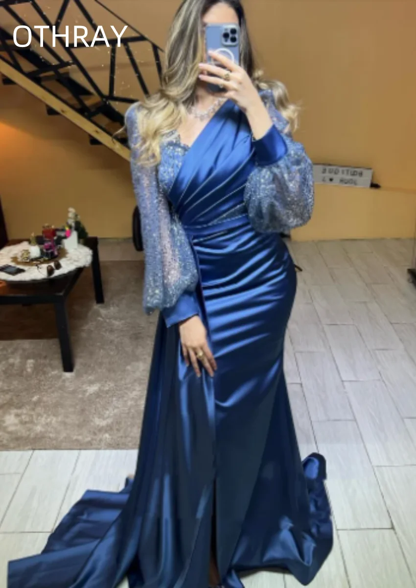 

V-Neck Long Sleeve Mermaid Satin Wedding Party Sexy Women Arab Fashion Celebrity Prom Gowns 2024 Robe De Navy Evening Dresses