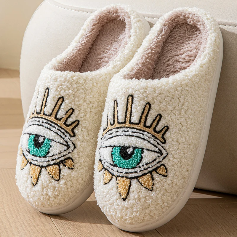 Cartoon Eye Pattern Home Slippers Women Winter Warm Plush Indoor Bedroom Slippers Woman Ultra Soft Flat Heels House Cotton Shoes