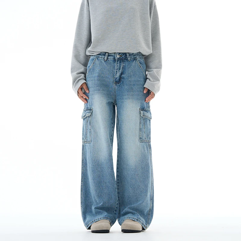 New Simple Men's Cargo Jeans Multi Pockets Solid Color Washing Vintage Wide Leg Loose Straight Leg Male Denim Pants