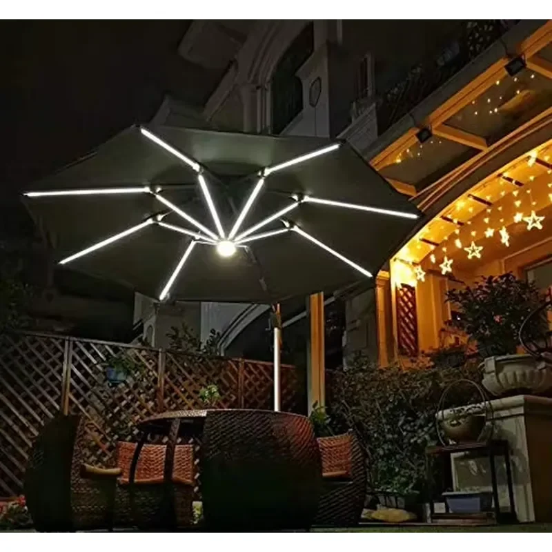 Solar Light Lamp Leisure Ways Custom Printed Beach Sunshade Outdoor Furniture Big Shelter Umbrella Stand Cover Tent Parasol
