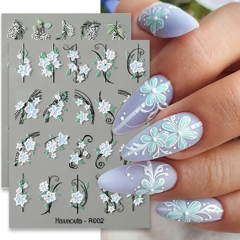 Harunouta Golden Flower 5D Nail Stickers Embossed Floral Heart Nail Decals Decor Spring Acrylic Adhesive Sliders Manicure