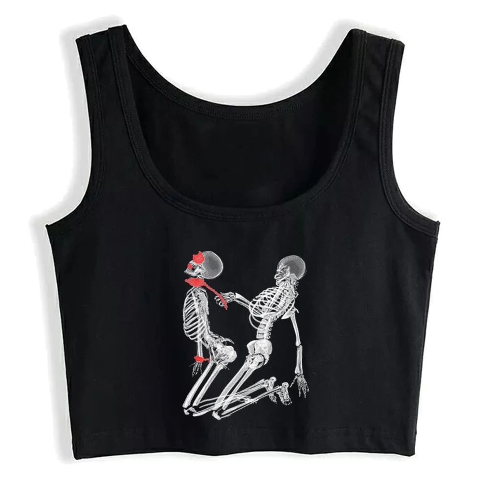 Bad To The Leg Funny Flirtation Sexy Slim Fit Crop Top Women's Skeleton Kneeling Pose Design Tank Tops Gothic Cotton Camisole