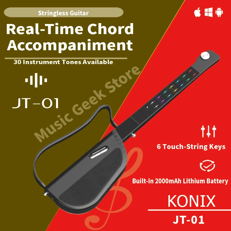 JT-01 Stringless Smart Guitar – 30 Tones, 30W Stereo Sound, Built-in 2000mAh Battery, Bluetooth, Foldable, App-Connected