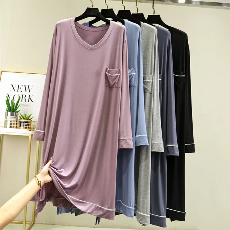 Fdfklak Casual Nightgowns Women's Sleepwear Dress Loose Long Sleeve Home Wear Modal Spring Autumn Female Nightshirt Pocket