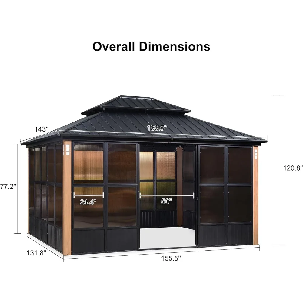 Gazebo con tapa dura para Patio de 12' X 14', pantalla exterior doble superior, casa, solario de aluminio, patio trasero, sala de sol con ventanas desmontables