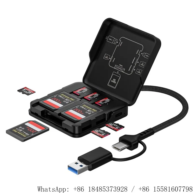 6 in 1 Multi Card Reader Storage Box USB3.0 Type-C SD TF Memory Card Reader High Speed for Camera Phone Laptop